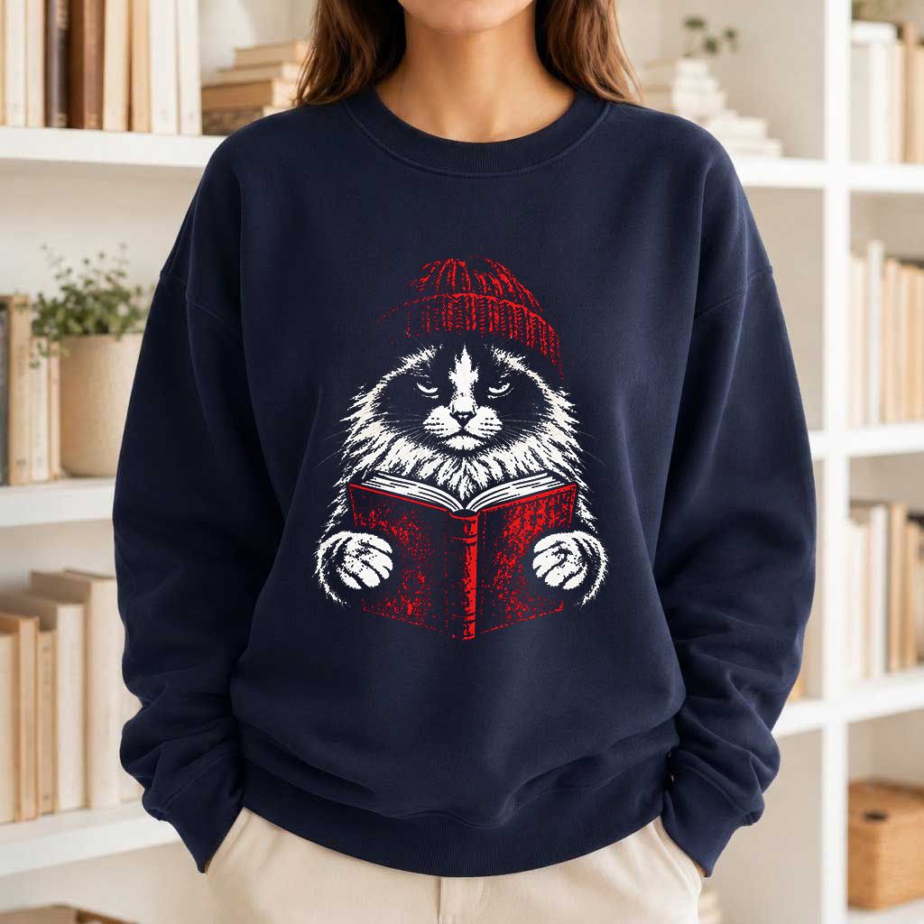 Ragdoll Cat Reading Printed Sweatshirt | Cat Lover Reader Gift Navy