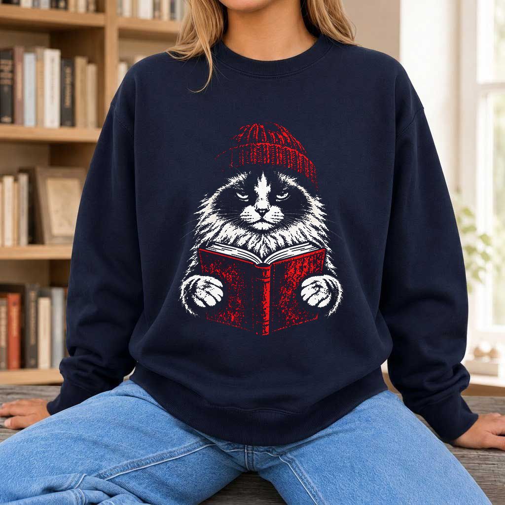 Ragdoll Cat Reading Printed Sweatshirt | Cat Lover Reader Gift Navy