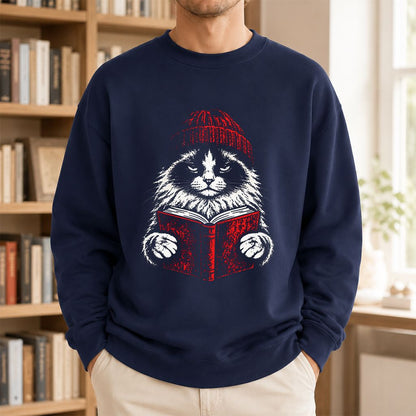 Ragdoll Cat Reading Printed Sweatshirt | Cat Lover Reader Gift Navy