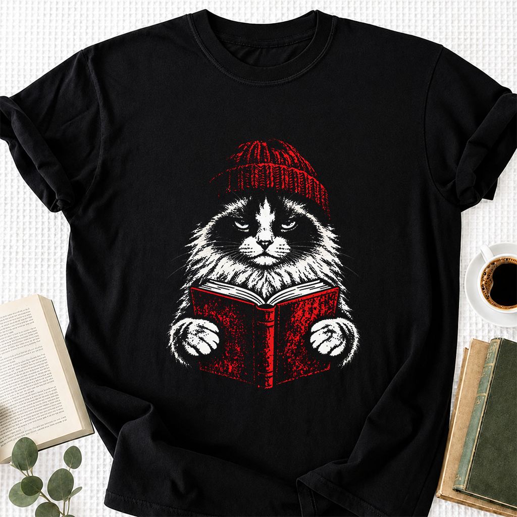Ragdoll Cat Reading Printed T-Shirt | Cat Lover Reader Gift Black
