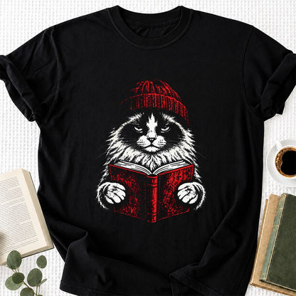 Ragdoll Cat Reading Printed T-Shirt | Cat Lover Reader Gift Black