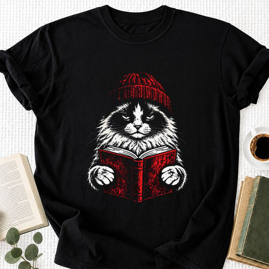 Ragdoll Cat Reading Printed T-Shirt | Cat Lover Reader Gift Black
