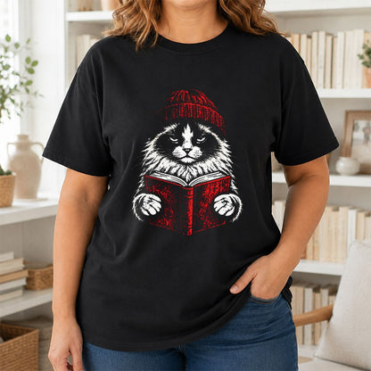 Ragdoll Cat Reading Printed T-Shirt | Cat Lover Reader Gift Black