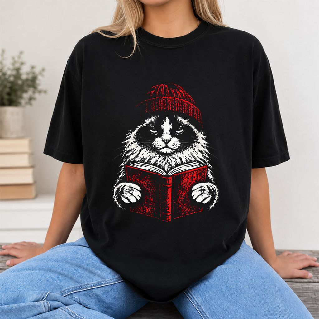 Ragdoll Cat Reading Printed T-Shirt | Cat Lover Reader Gift Black