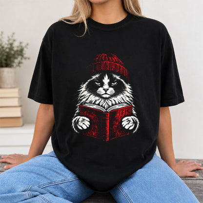 Ragdoll Cat Reading Printed T-Shirt | Cat Lover Reader Gift Black
