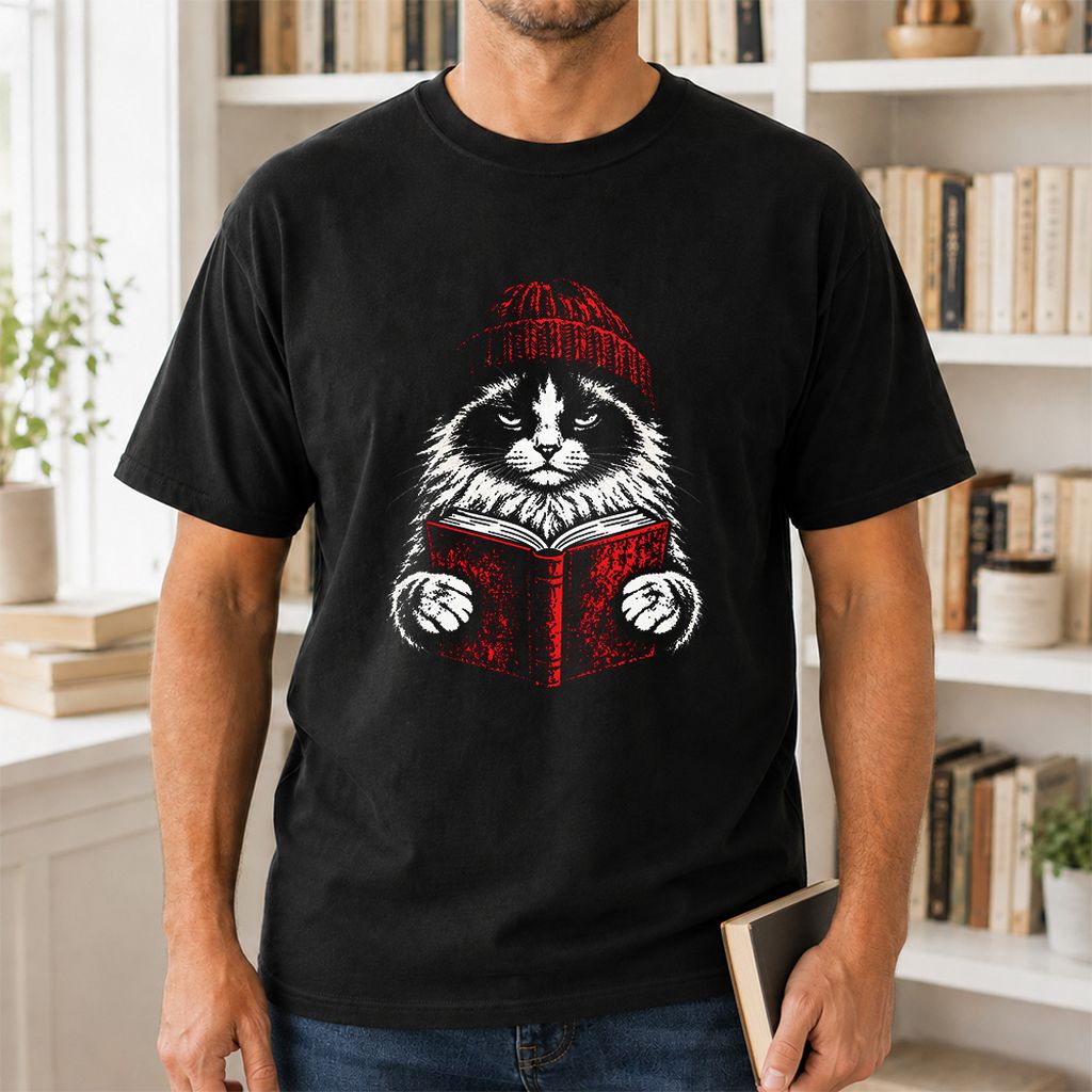 Ragdoll Cat Reading Printed T-Shirt | Cat Lover Reader Gift Black