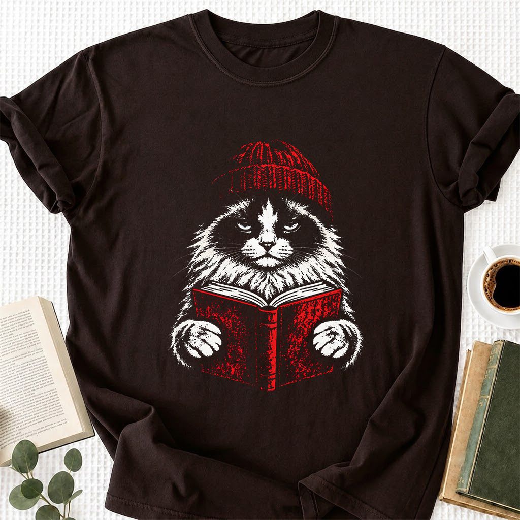 Ragdoll Cat Reading Printed T-Shirt | Cat Lover Reader Gift Dark Chocolate