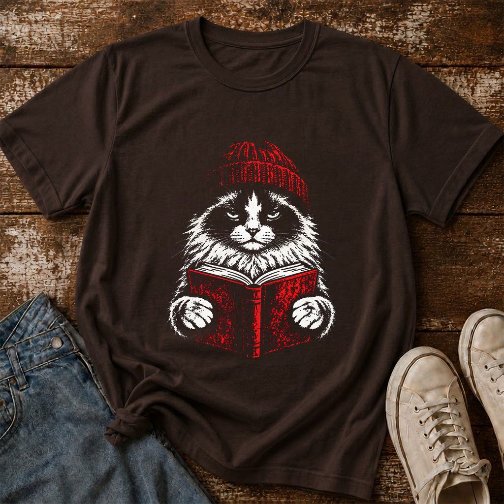 Ragdoll Cat Reading Printed T-Shirt | Cat Lover Reader Gift Dark Chocolate