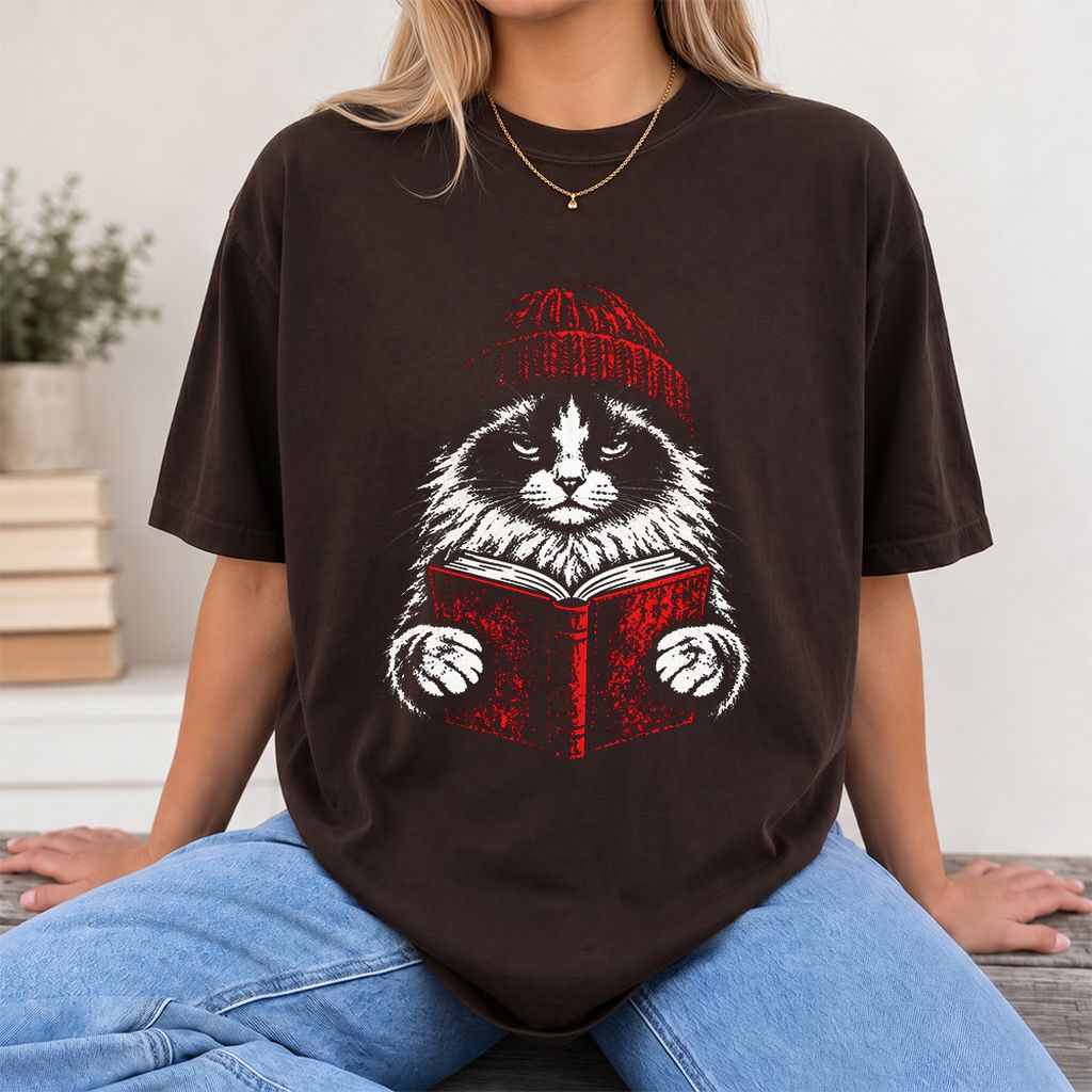 Ragdoll Cat Reading Printed T-Shirt | Cat Lover Reader Gift Dark Chocolate
