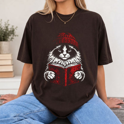 Ragdoll Cat Reading Printed T-Shirt | Cat Lover Reader Gift Dark Chocolate