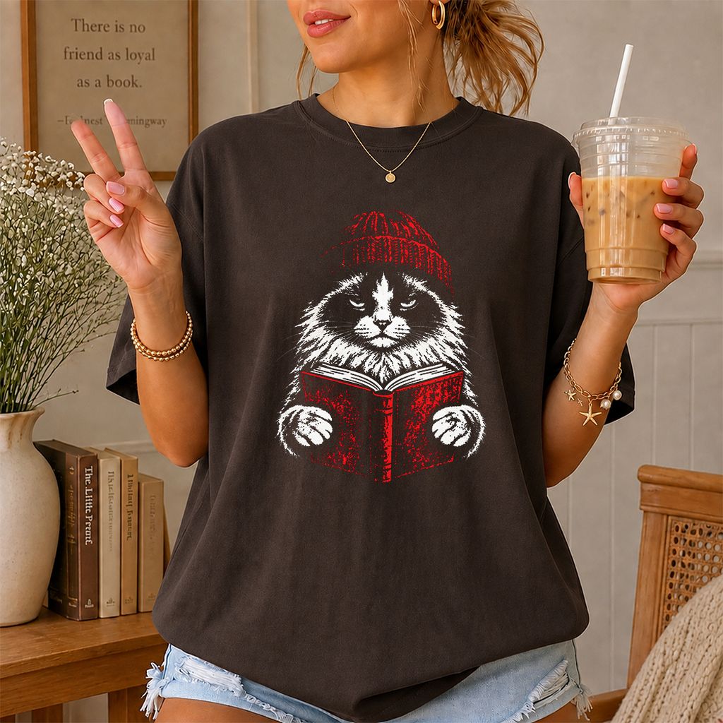 Ragdoll Cat Reading Printed T-Shirt | Cat Lover Reader Gift Dark Chocolate