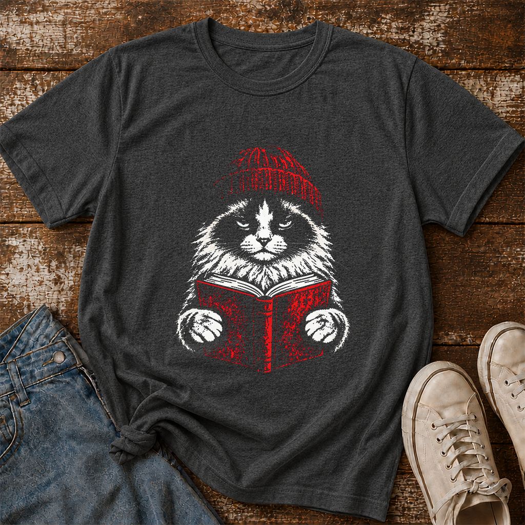 Ragdoll Cat Reading Printed T-Shirt | Cat Lover Reader Gift Dark Heather