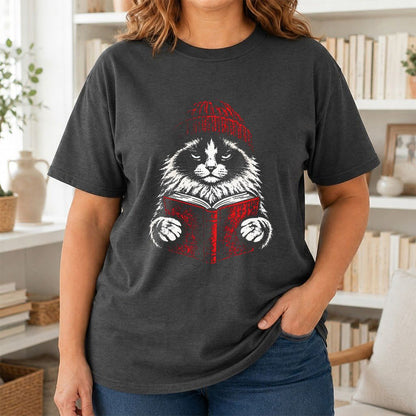 Ragdoll Cat Reading Printed T-Shirt | Cat Lover Reader Gift Dark Heather