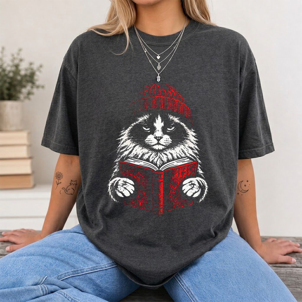 Ragdoll Cat Reading Printed T-Shirt | Cat Lover Reader Gift Dark Heather