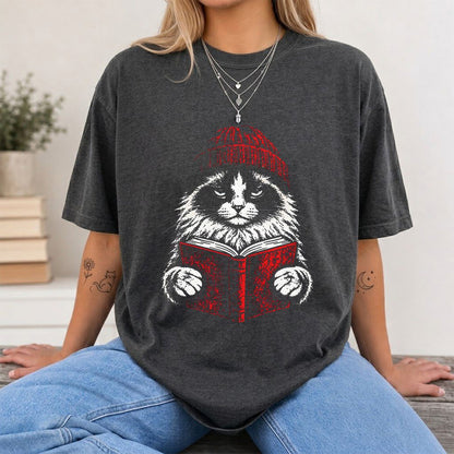 Ragdoll Cat Reading Printed T-Shirt | Cat Lover Reader Gift Dark Heather