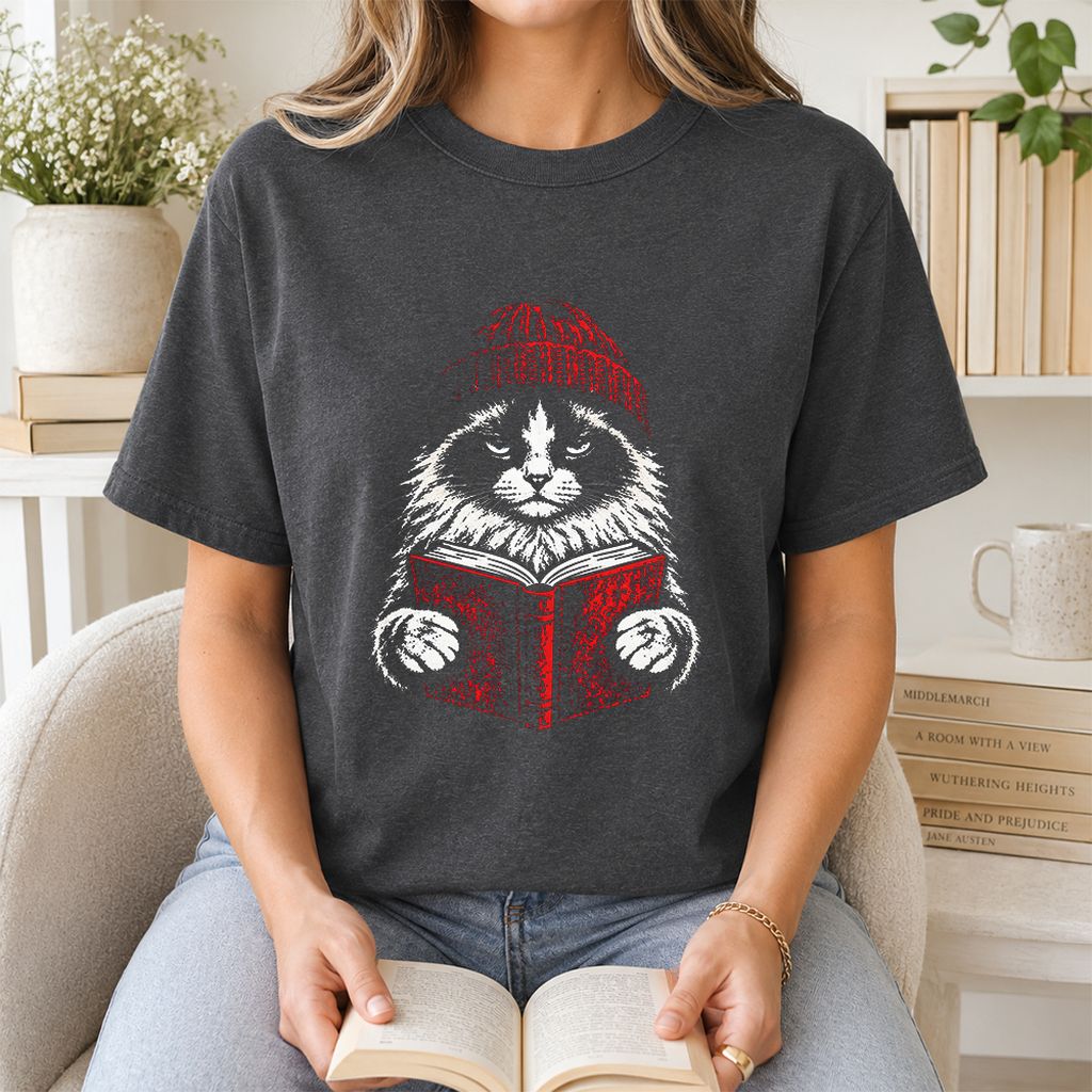 Ragdoll Cat Reading Printed T-Shirt | Cat Lover Reader Gift Dark Heather