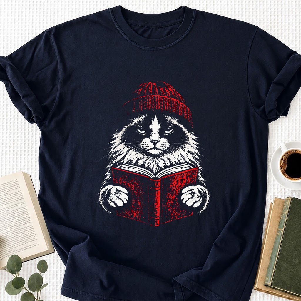 Ragdoll Cat Reading Printed T-Shirt | Cat Lover Reader Gift Navy