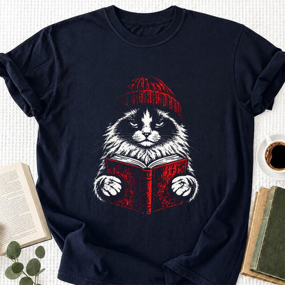 Ragdoll Cat Reading Printed T-Shirt | Cat Lover Reader Gift Navy
