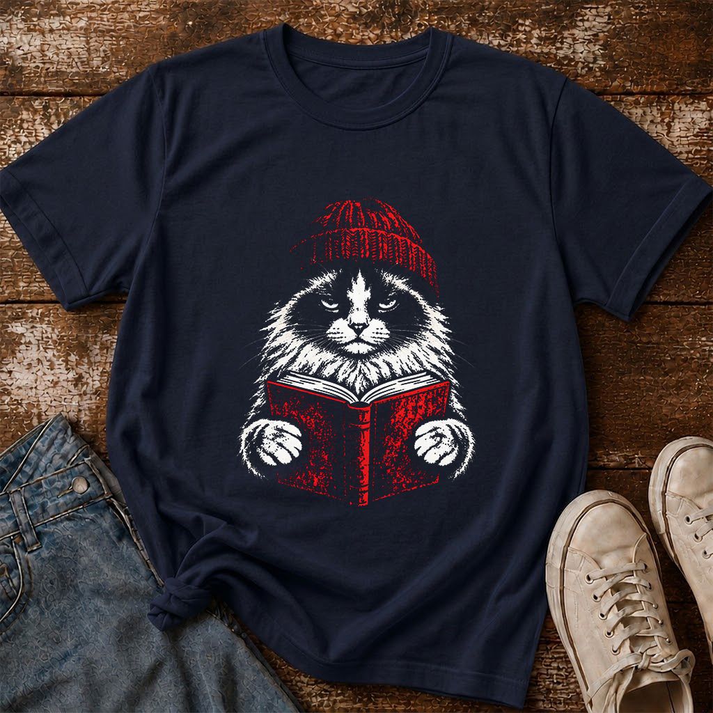 Ragdoll Cat Reading Printed T-Shirt | Cat Lover Reader Gift Navy