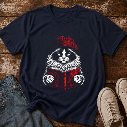 Ragdoll Cat Reading Printed T-Shirt | Cat Lover Reader Gift Navy