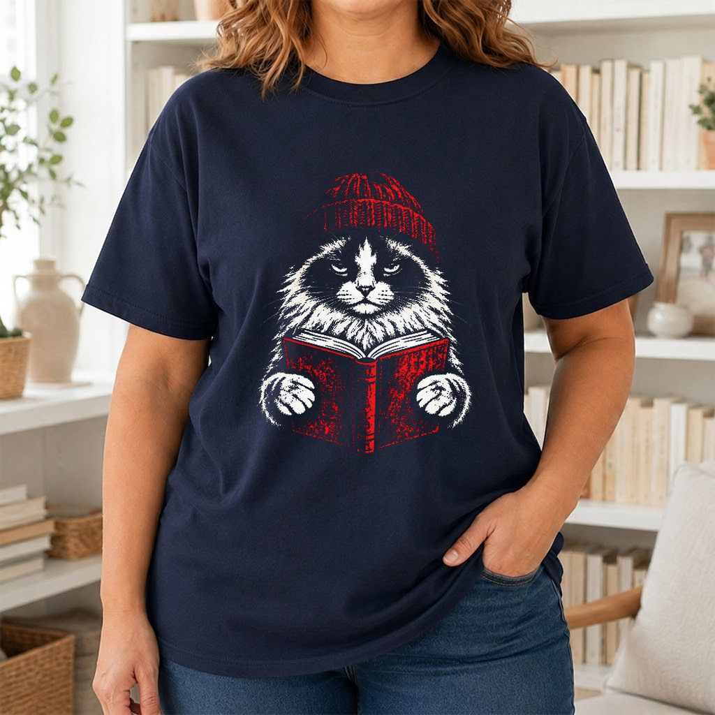 Ragdoll Cat Reading Printed T-Shirt | Cat Lover Reader Gift Navy