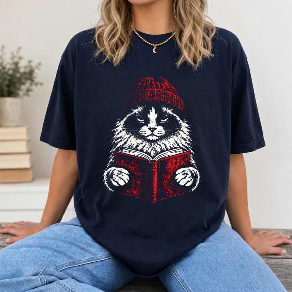 Ragdoll Cat Reading Printed T-Shirt | Cat Lover Reader Gift Navy