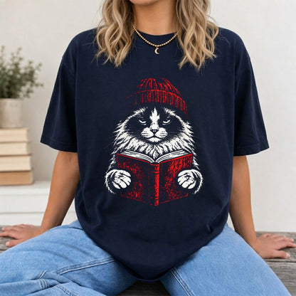 Ragdoll Cat Reading Printed T-Shirt | Cat Lover Reader Gift Navy