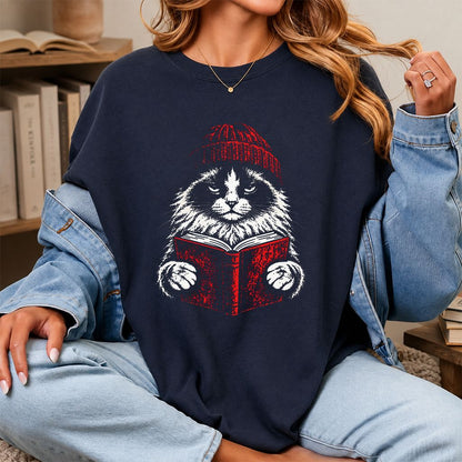Ragdoll Cat Reading Printed T-Shirt | Cat Lover Reader Gift Navy