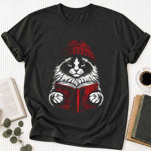 Serious Ragdoll Cat Reading Red Book Ultra-Soft Cotton T-Shirt | Reader Gift Black Heather