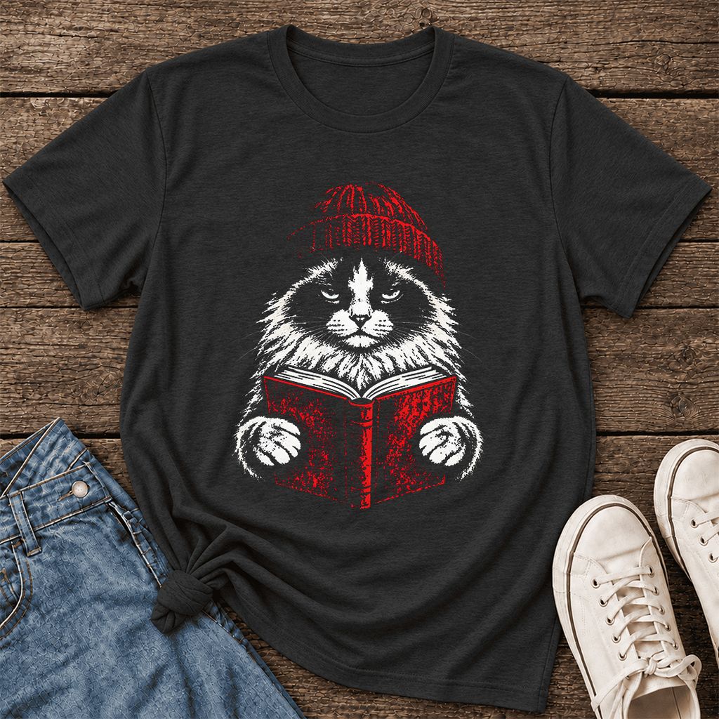 Serious Ragdoll Cat Reading Red Book Ultra-Soft Cotton T-Shirt | Reader Gift Black Heather