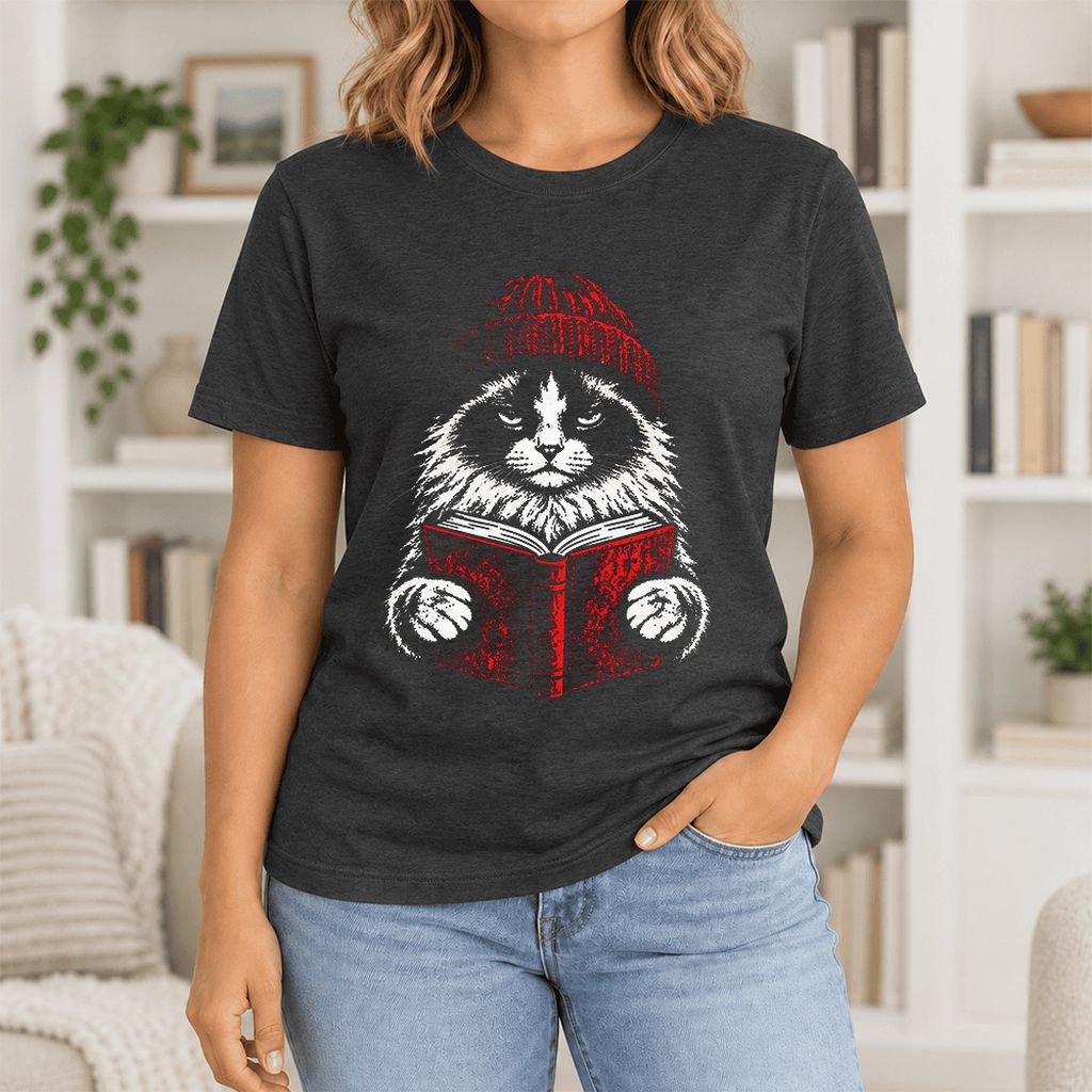 Serious Ragdoll Cat Reading Red Book Ultra-Soft Cotton T-Shirt | Reader Gift Black Heather