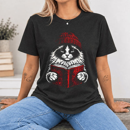 Serious Ragdoll Cat Reading Red Book Ultra-Soft Cotton T-Shirt | Reader Gift Black Heather