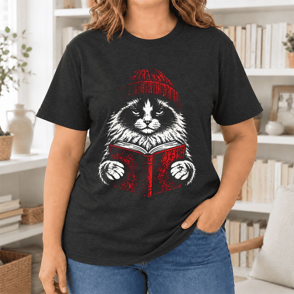 Serious Ragdoll Cat Reading Red Book Ultra-Soft Cotton T-Shirt | Reader Gift Black Heather