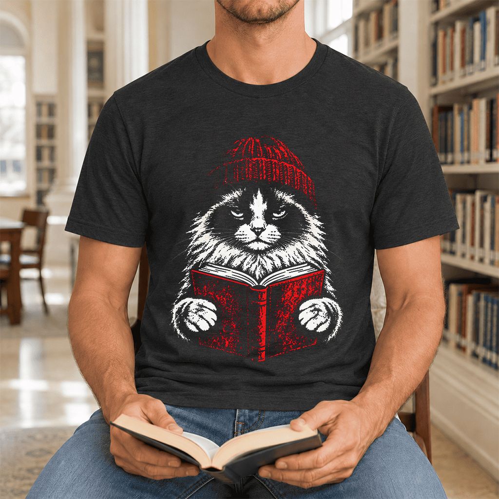 Serious Ragdoll Cat Reading Red Book Ultra-Soft Cotton T-Shirt | Reader Gift Black Heather