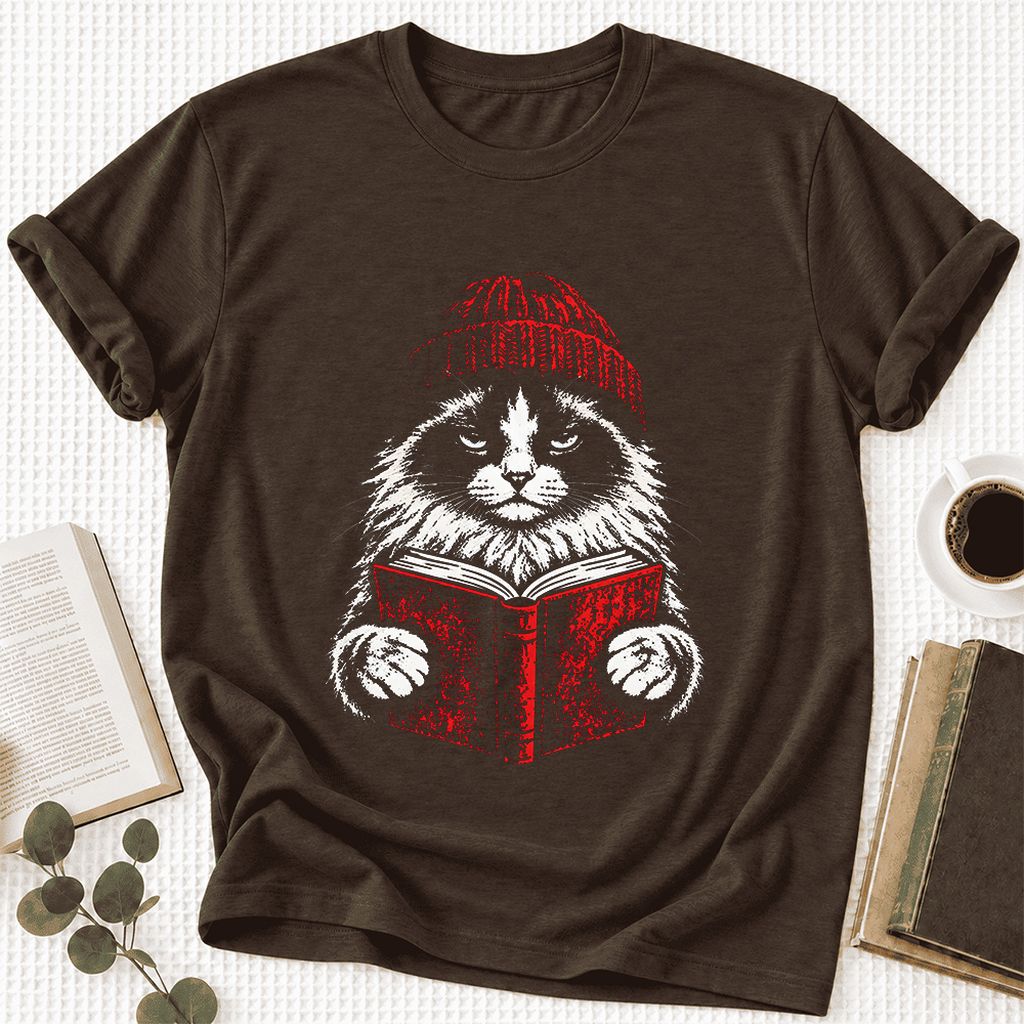 Serious Ragdoll Cat Reading Red Book Ultra-Soft Cotton T-Shirt | Reader Gift Brown