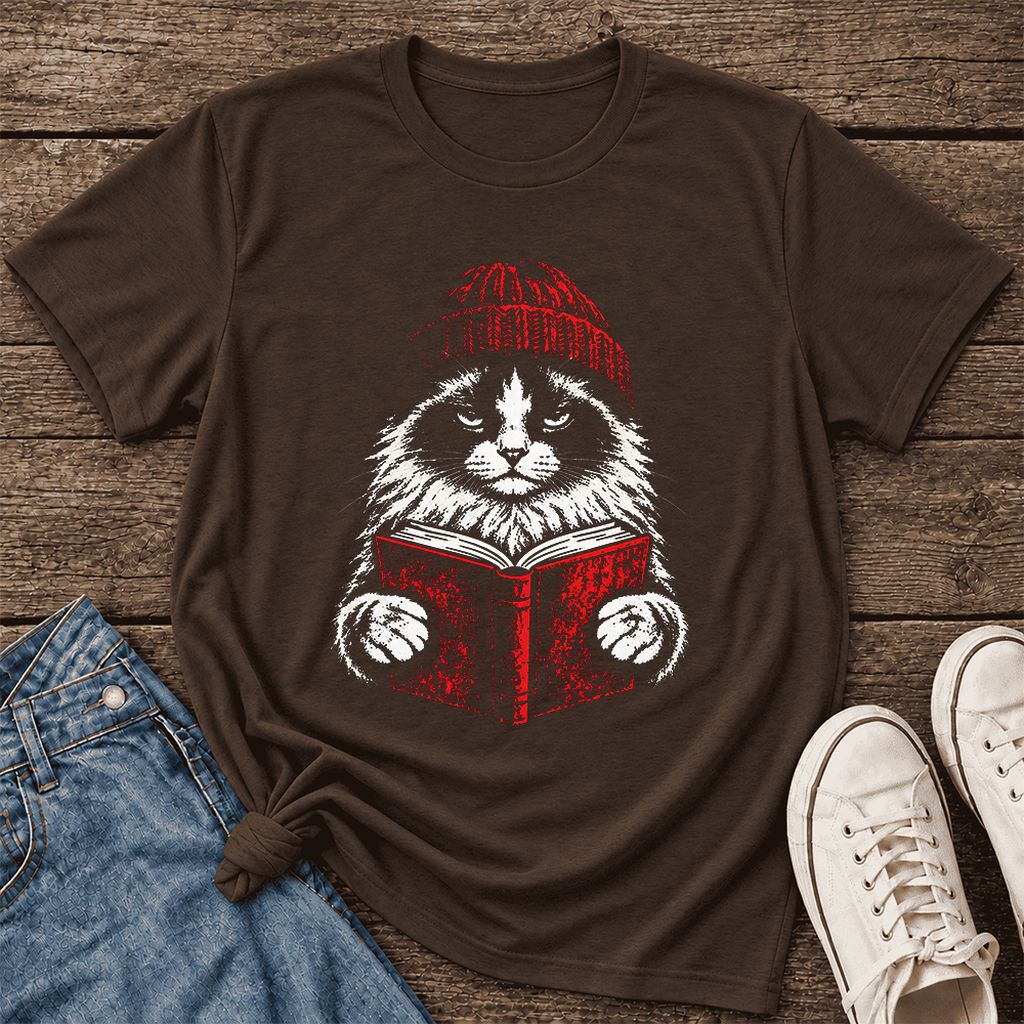 Serious Ragdoll Cat Reading Red Book Ultra-Soft Cotton T-Shirt | Reader Gift Brown