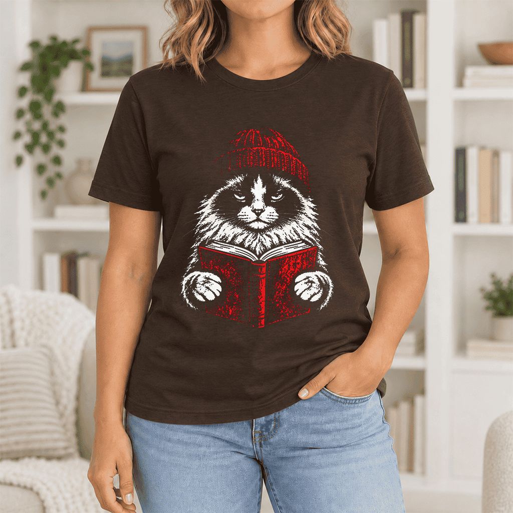 Serious Ragdoll Cat Reading Red Book Ultra-Soft Cotton T-Shirt | Reader Gift Brown