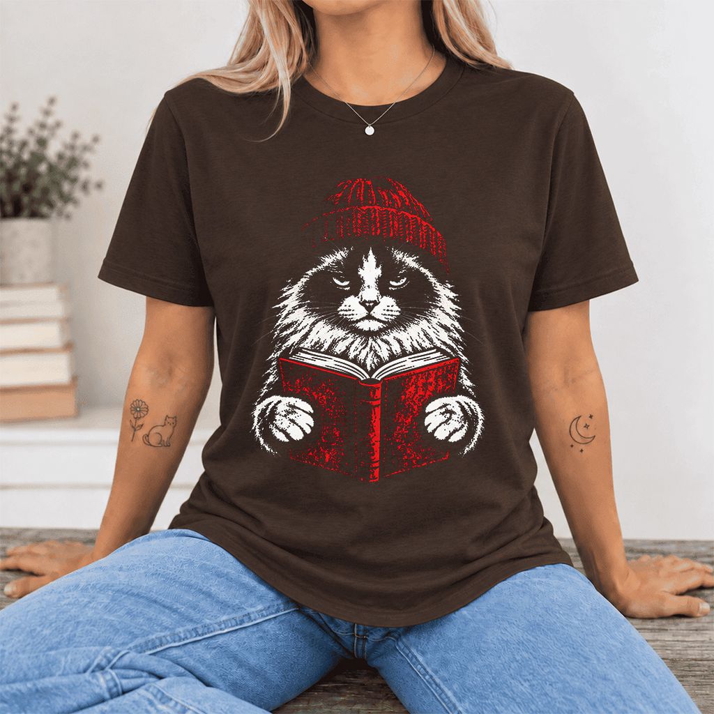 Serious Ragdoll Cat Reading Red Book Ultra-Soft Cotton T-Shirt | Reader Gift Brown
