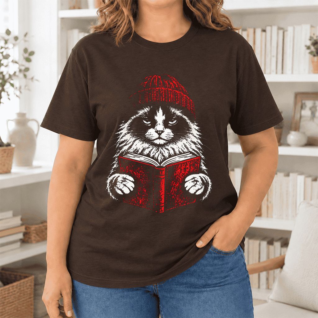 Serious Ragdoll Cat Reading Red Book Ultra-Soft Cotton T-Shirt | Reader Gift Brown