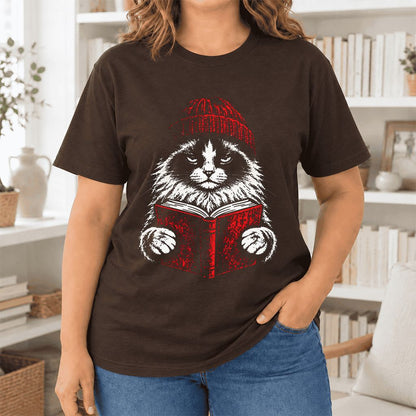 Serious Ragdoll Cat Reading Red Book Ultra-Soft Cotton T-Shirt | Reader Gift Brown