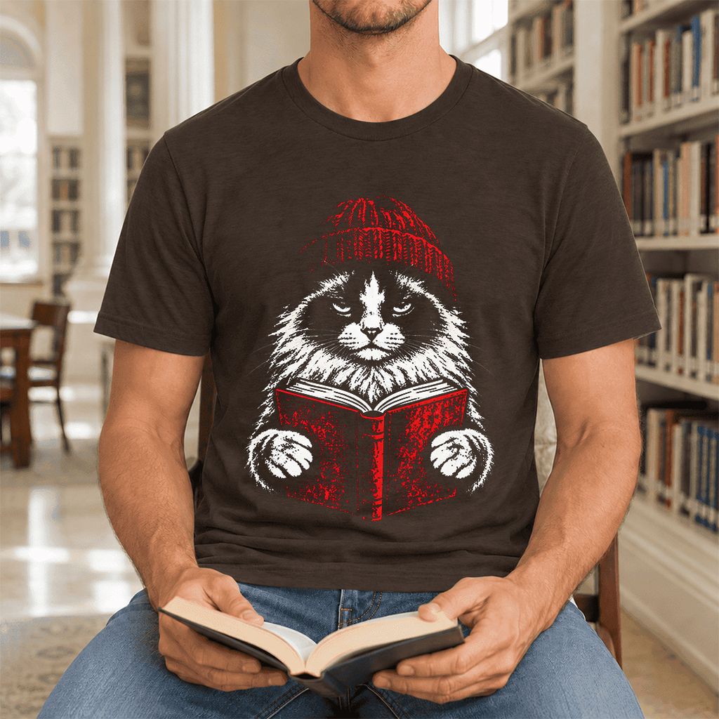 Serious Ragdoll Cat Reading Red Book Ultra-Soft Cotton T-Shirt | Reader Gift Brown
