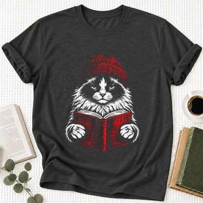 Serious Ragdoll Cat Reading Red Book Ultra-Soft Cotton T-Shirt | Reader Gift Dark Grey Heather