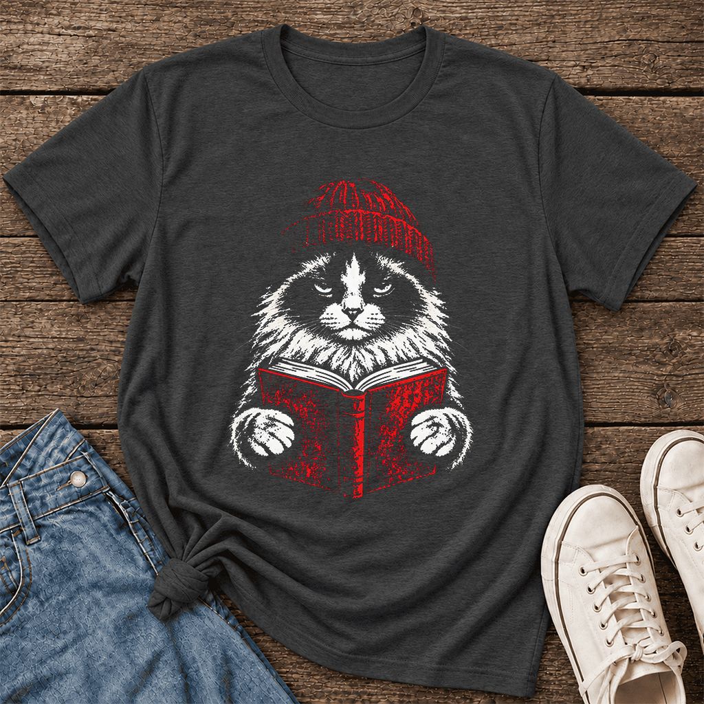 Serious Ragdoll Cat Reading Red Book Ultra-Soft Cotton T-Shirt | Reader Gift Dark Grey Heather