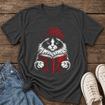 Serious Ragdoll Cat Reading Red Book Ultra-Soft Cotton T-Shirt | Reader Gift Dark Grey Heather