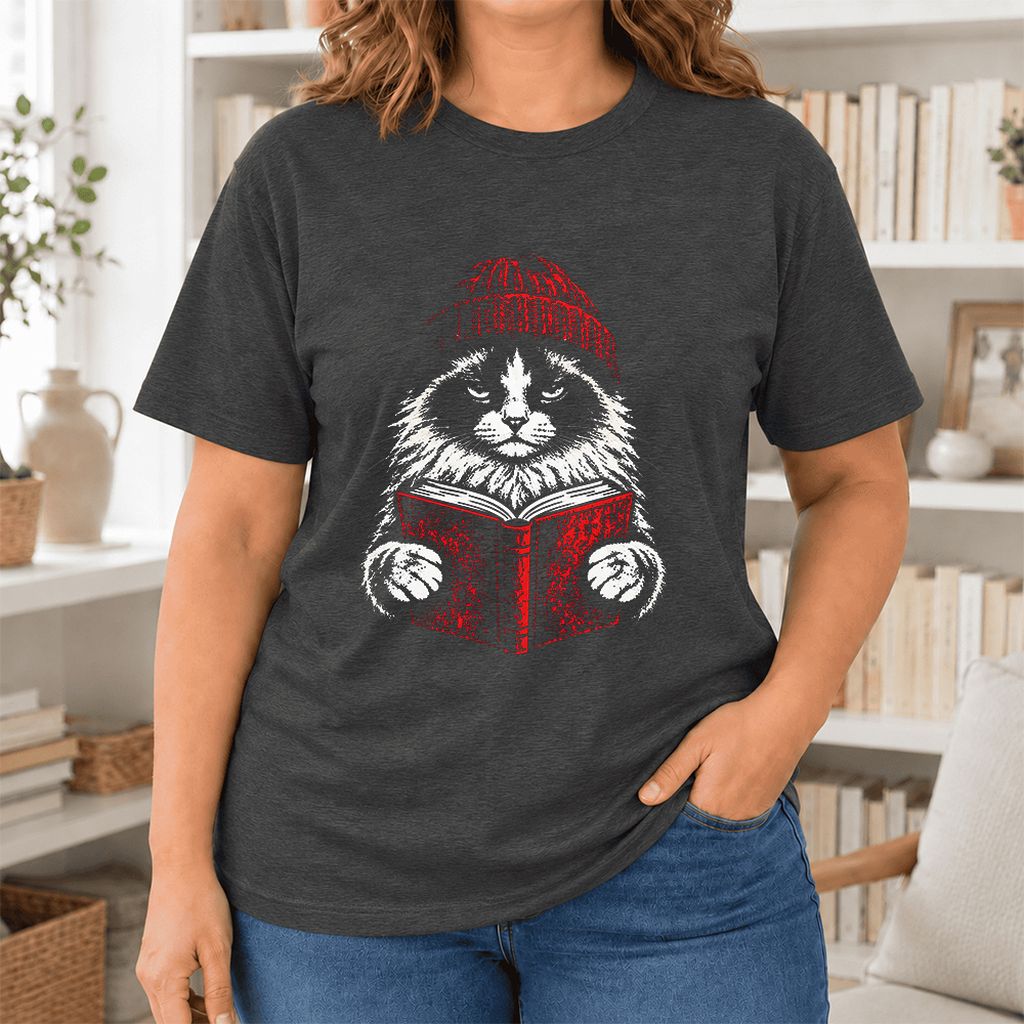 Serious Ragdoll Cat Reading Red Book Ultra-Soft Cotton T-Shirt | Reader Gift Dark Grey Heather