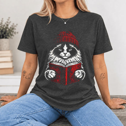 Serious Ragdoll Cat Reading Red Book Ultra-Soft Cotton T-Shirt | Reader Gift Dark Grey Heather