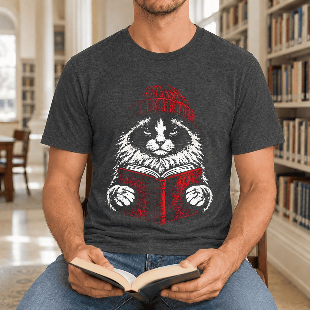 Serious Ragdoll Cat Reading Red Book Ultra-Soft Cotton T-Shirt | Reader Gift Dark Grey Heather
