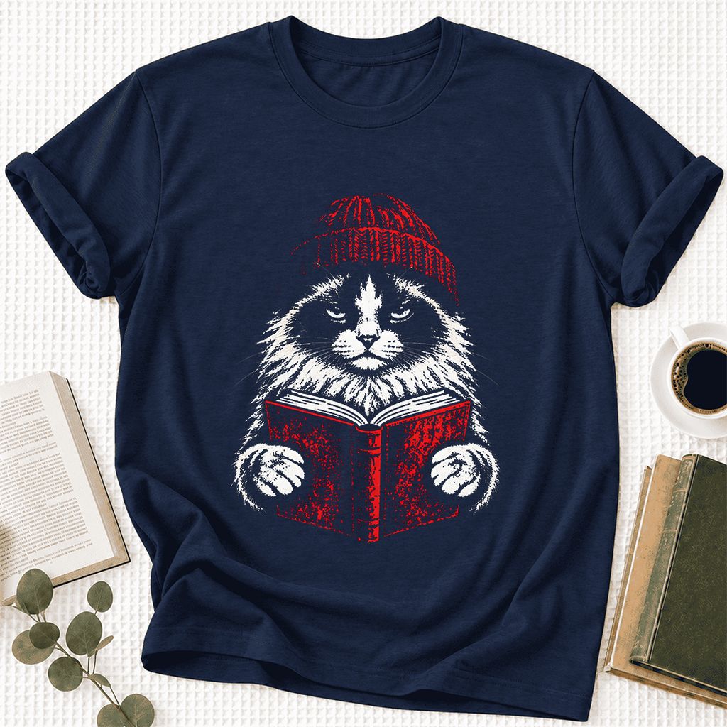 Serious Ragdoll Cat Reading Red Book Ultra-Soft Cotton T-Shirt | Reader Gift Navy