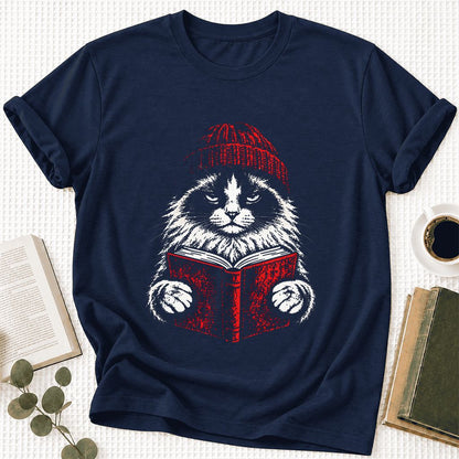 Serious Ragdoll Cat Reading Red Book Ultra-Soft Cotton T-Shirt | Reader Gift Navy