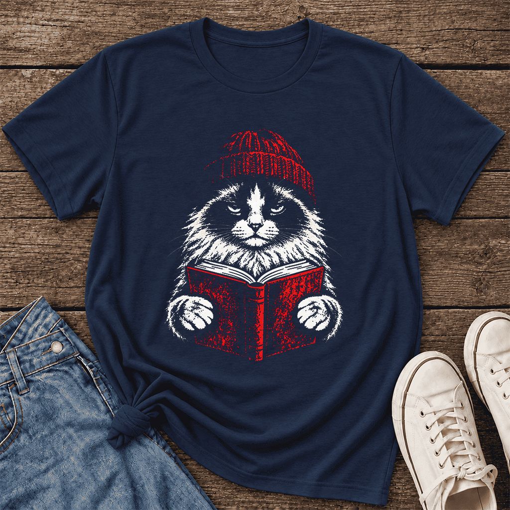 Serious Ragdoll Cat Reading Red Book Ultra-Soft Cotton T-Shirt | Reader Gift Navy